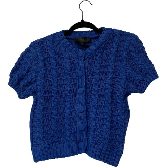 Zara Womens Cardigan Sweater S Small Blue Cable Knit Short Sleeve 6771/053 NWT - Picture 2 of 14